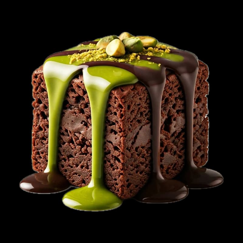 Part de brownie nappée de chocolat et de sauce pistache