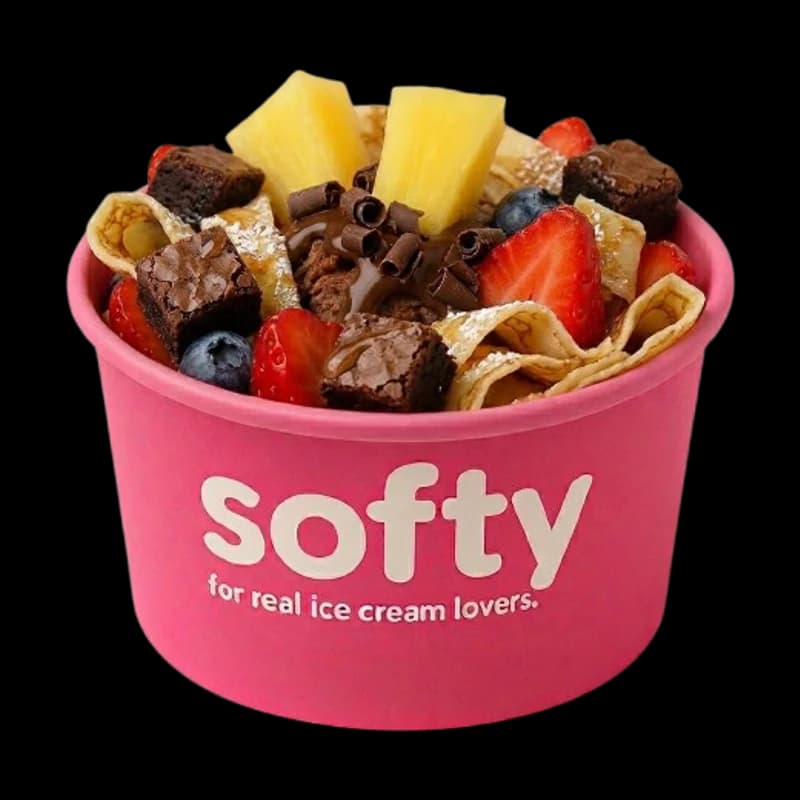 Box Softy garnie de mini brownies et de fruits frais