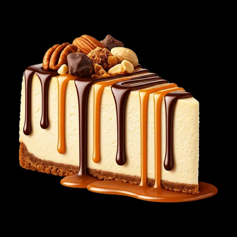 Part de cheesecake glacé nappée de caramel et de noisettes