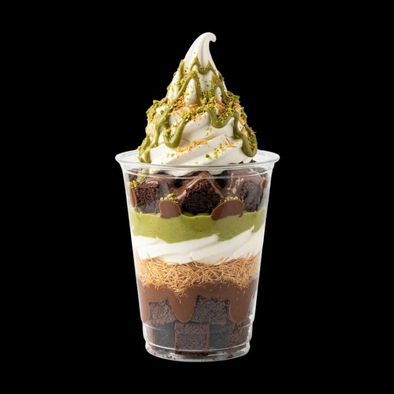 Gobelet en couches de brownie, de glace et de sauce pistache