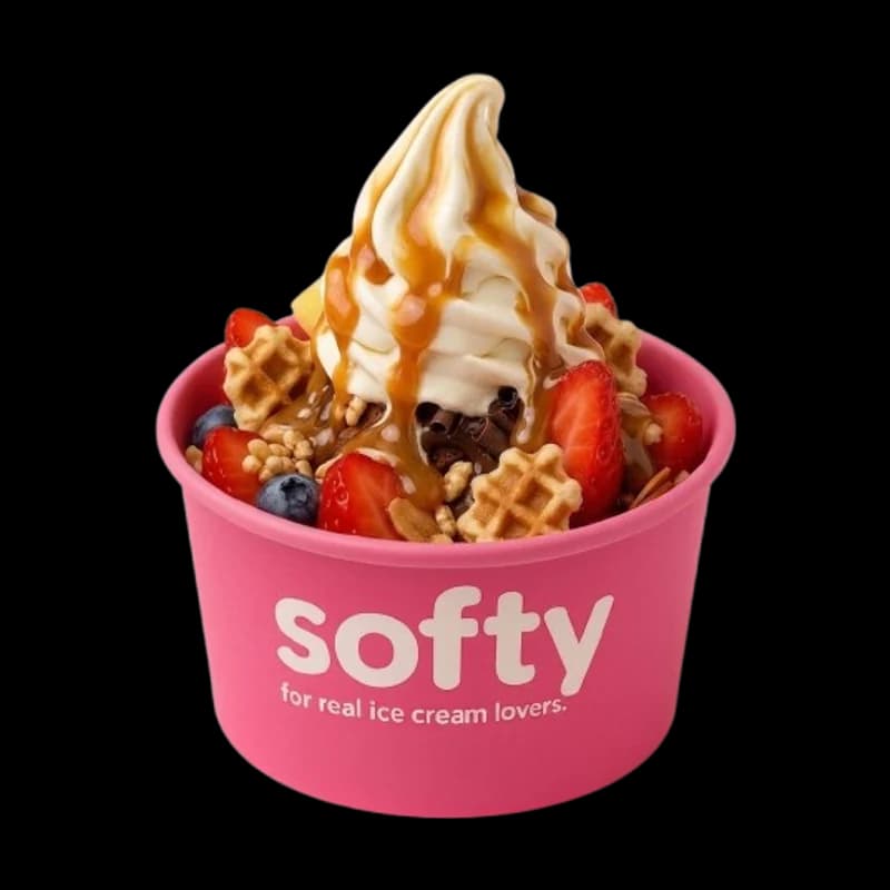 Box Softy garnie de glace, de gaufres et de fruits frais