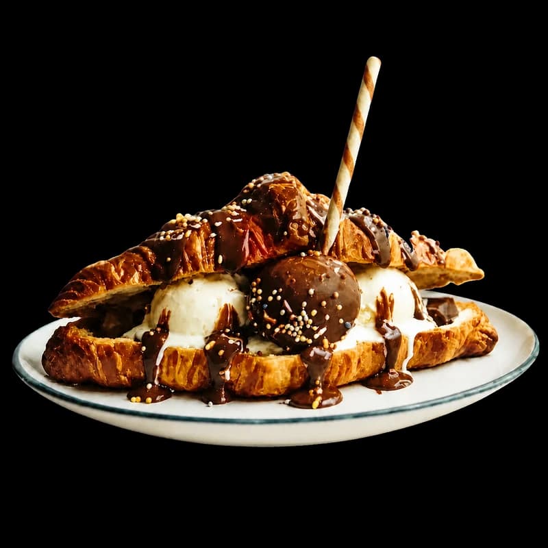 Croissant glacé nappé de sauce chocolat et de crunchy