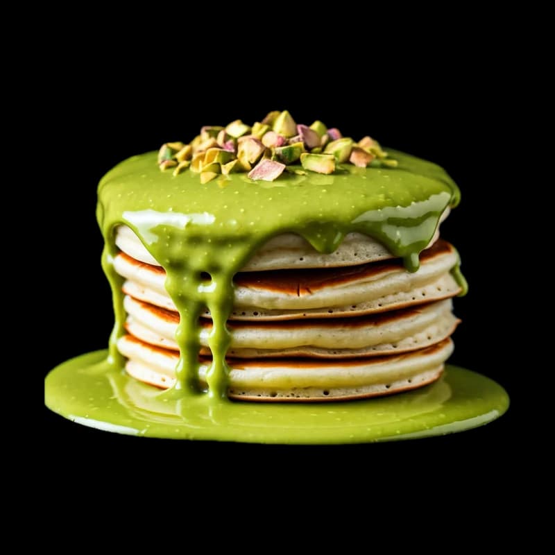 Pile de pancakes nappée de sauce pistache