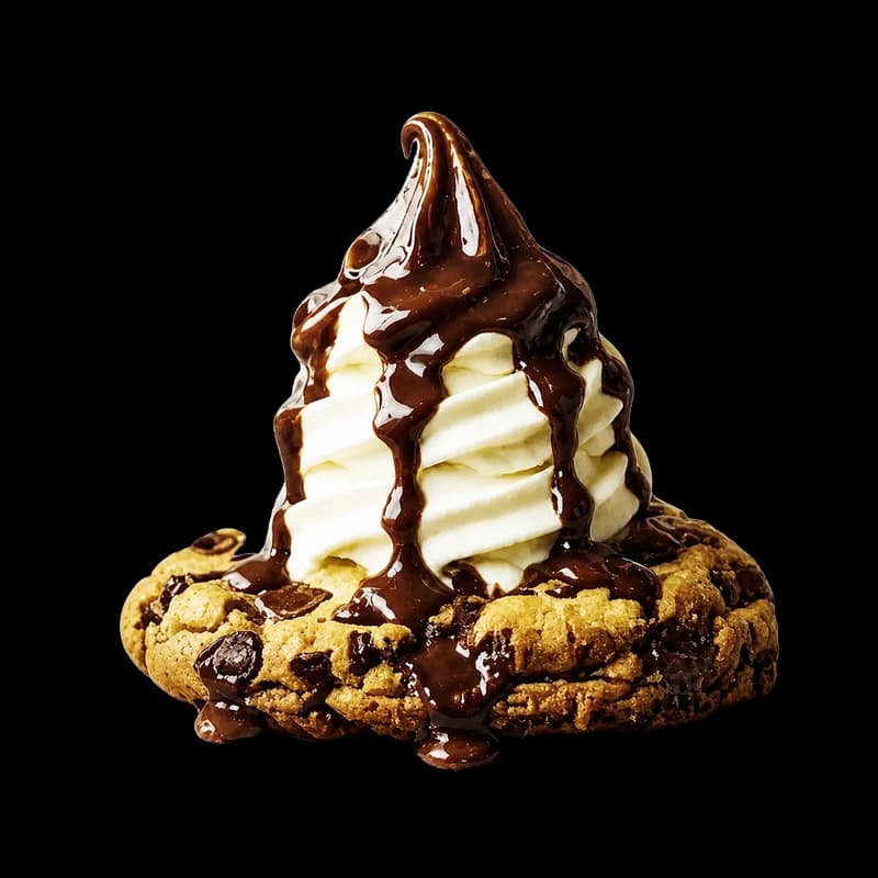 Cookie géant surmonté de glace à l'italienne et de sauce chocolat