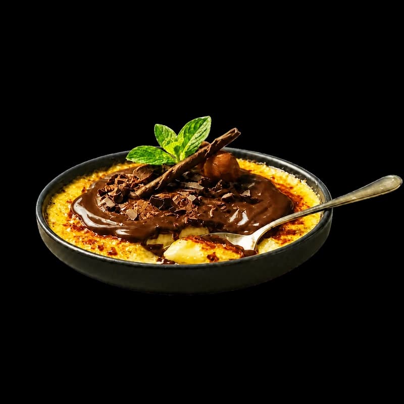 Crème brûlée nappée de sauce chocolat et de menthe fraîche