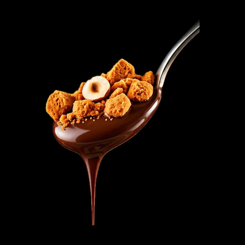 Cuillère de sauce chocolat avec biscuits et noisettes