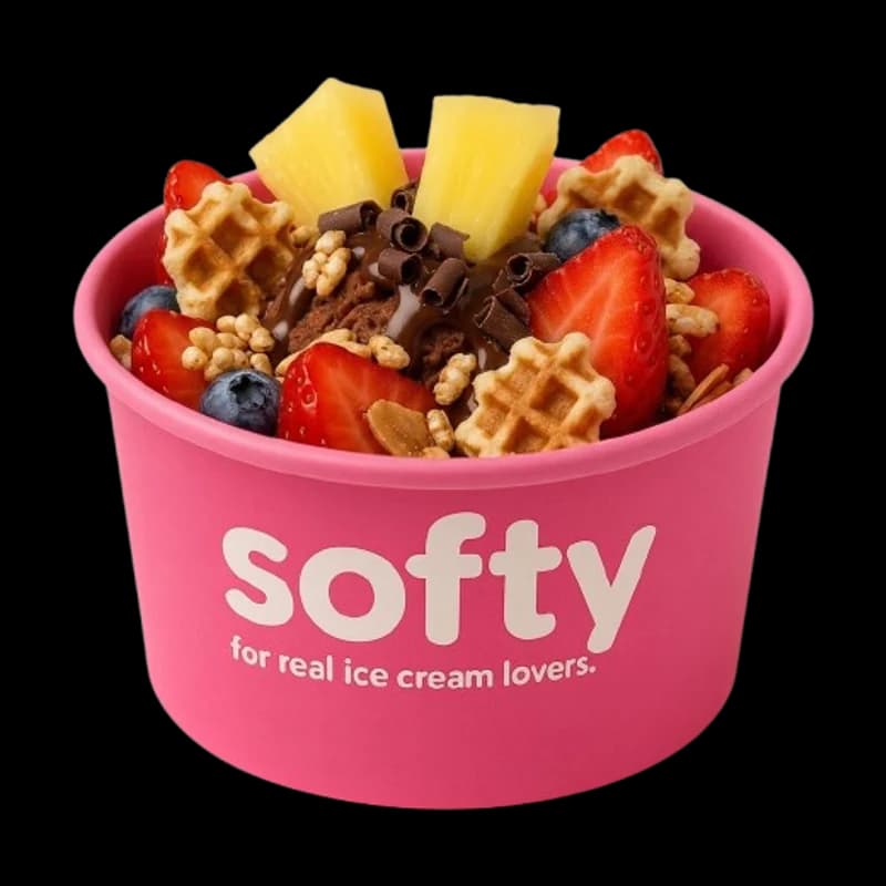 Box Softy garnie de mini gaufres et de fruits frais